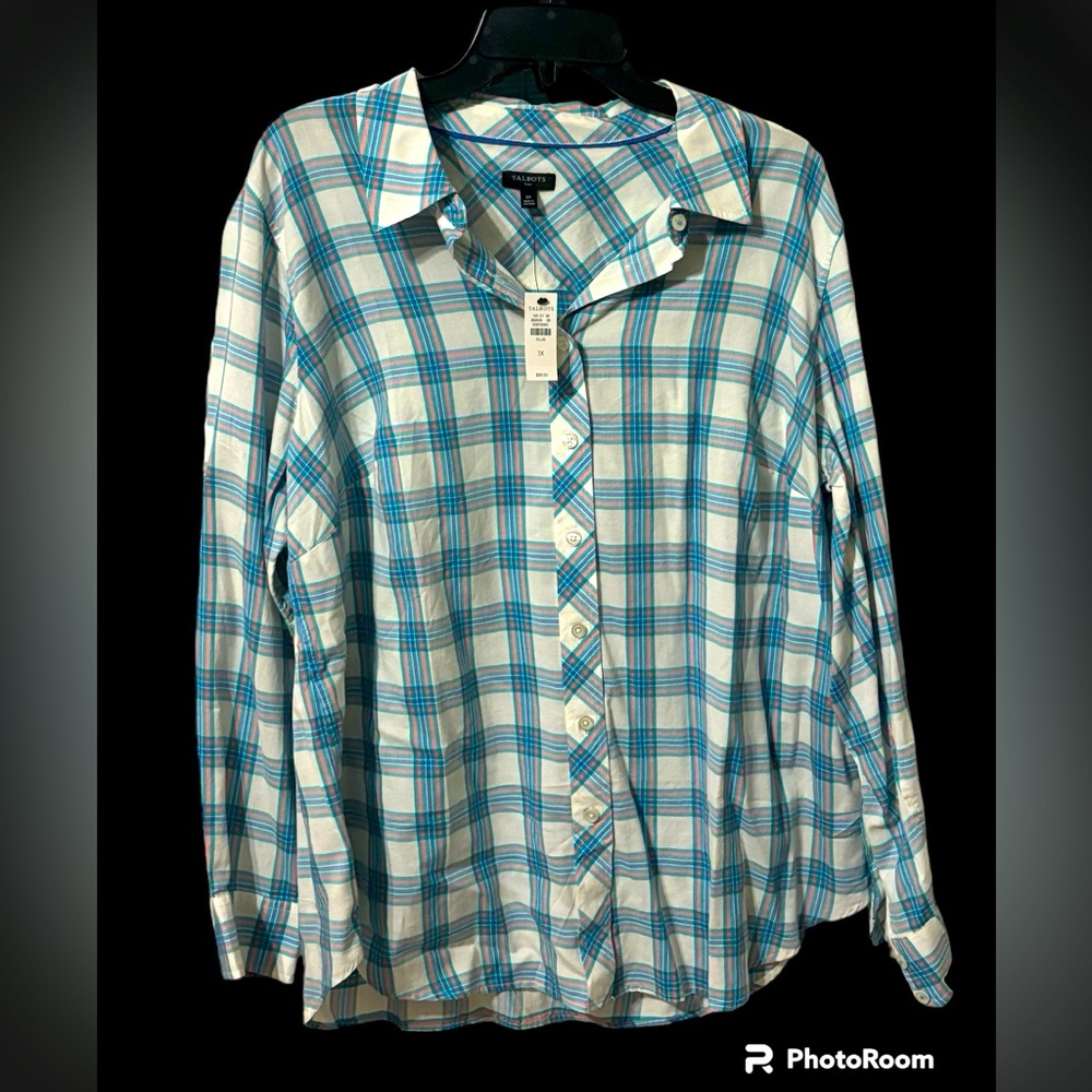 NWT Talbots Plus Turquoise Plaid Button Down 1X